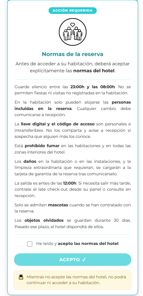 Tarjeta "Normas de la reserva" en el panel del huésped: el texto completo de las normas del hotel, una casilla "He leído y acepto las normas del hotel", el botón Acepto y el aviso de que mientras no las acepte no podrá acceder a su habitación