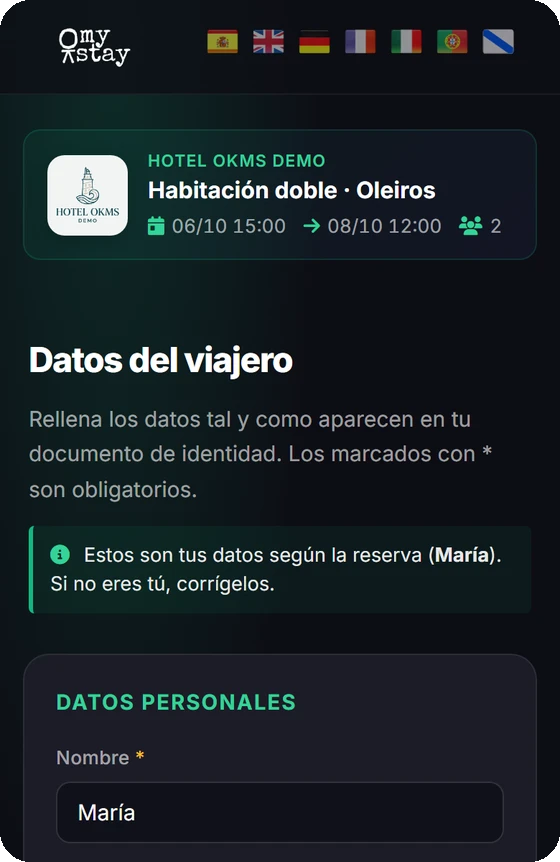 Formulario de registro de viajeros con el nombre ya puesto