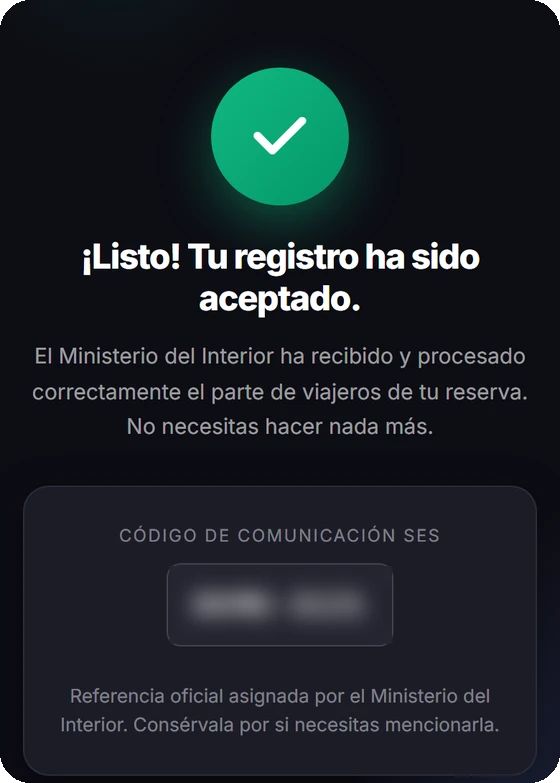 Registro de viajeros aceptado