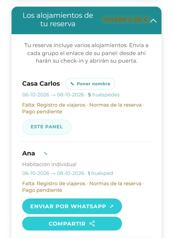 Bloque «Los alojamientos de tu reserva» con los nombres puestos