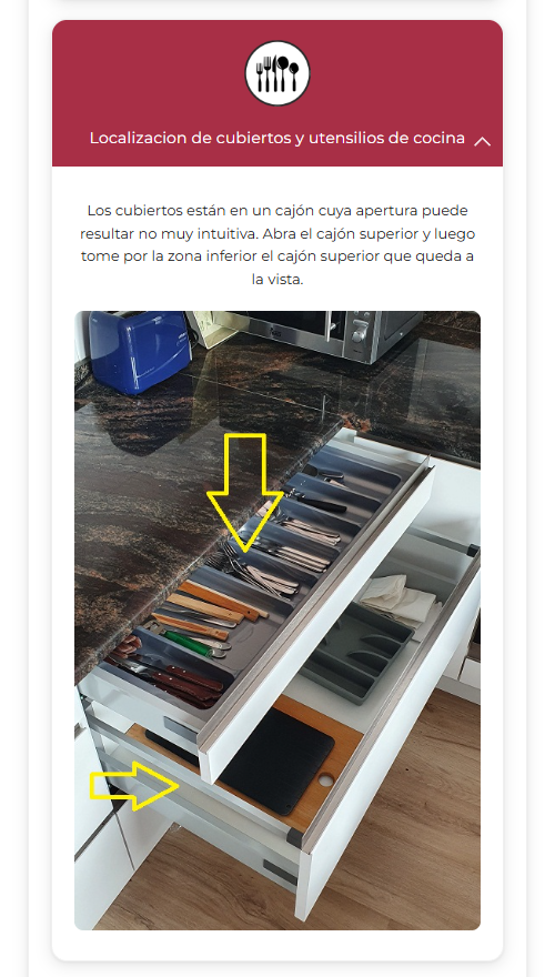 Tarjeta con la localización de los cubiertos y una foto del cajón de la cocina con dos flechas amarillas señalando cómo se abre