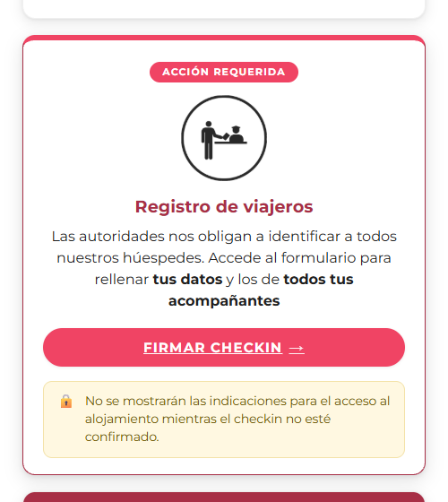 Tarjeta de acción requerida: Registro de viajeros, con el texto "Las autoridades nos obligan a identificar a todos nuestros huéspedes" y un botón de firmar checkin