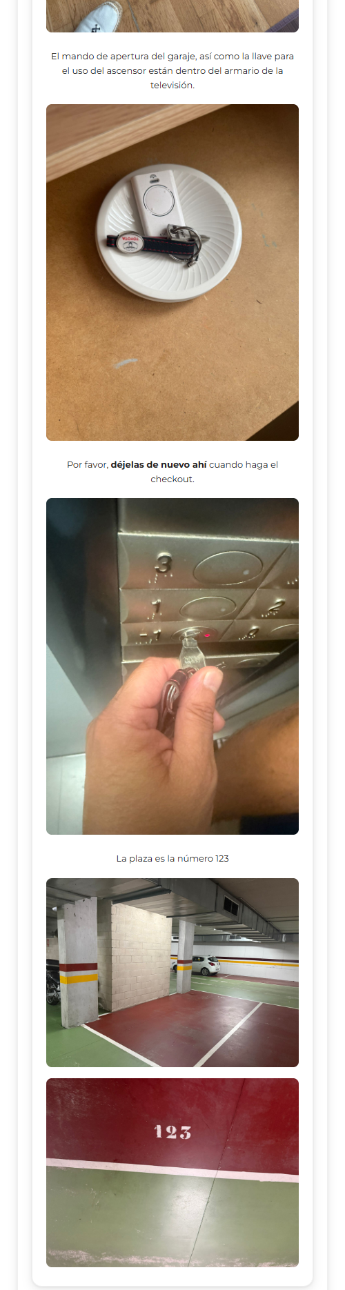 Tarjeta con las instrucciones del garaje: fotos del mando y la llave del ascensor sobre una mesa, de la mano abriendo el ascensor, y del número de plaza pintado en el suelo