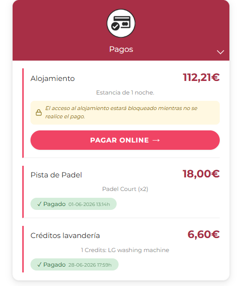 Tarjeta de pagos del huésped: el alojamiento pendiente de pago (112,21 €), con el aviso de que el acceso estará bloqueado mientras no se realice el pago y un botón de pagar online