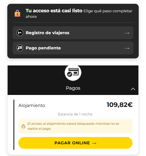 Lista de pagos del huésped con un candado sobre las llaves hasta completar lo pendiente